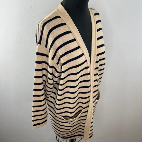 Rodier France Tan Black Stripe Long Sleeve Open Front Woven Cardigan Sweater - Picture 3 of 7